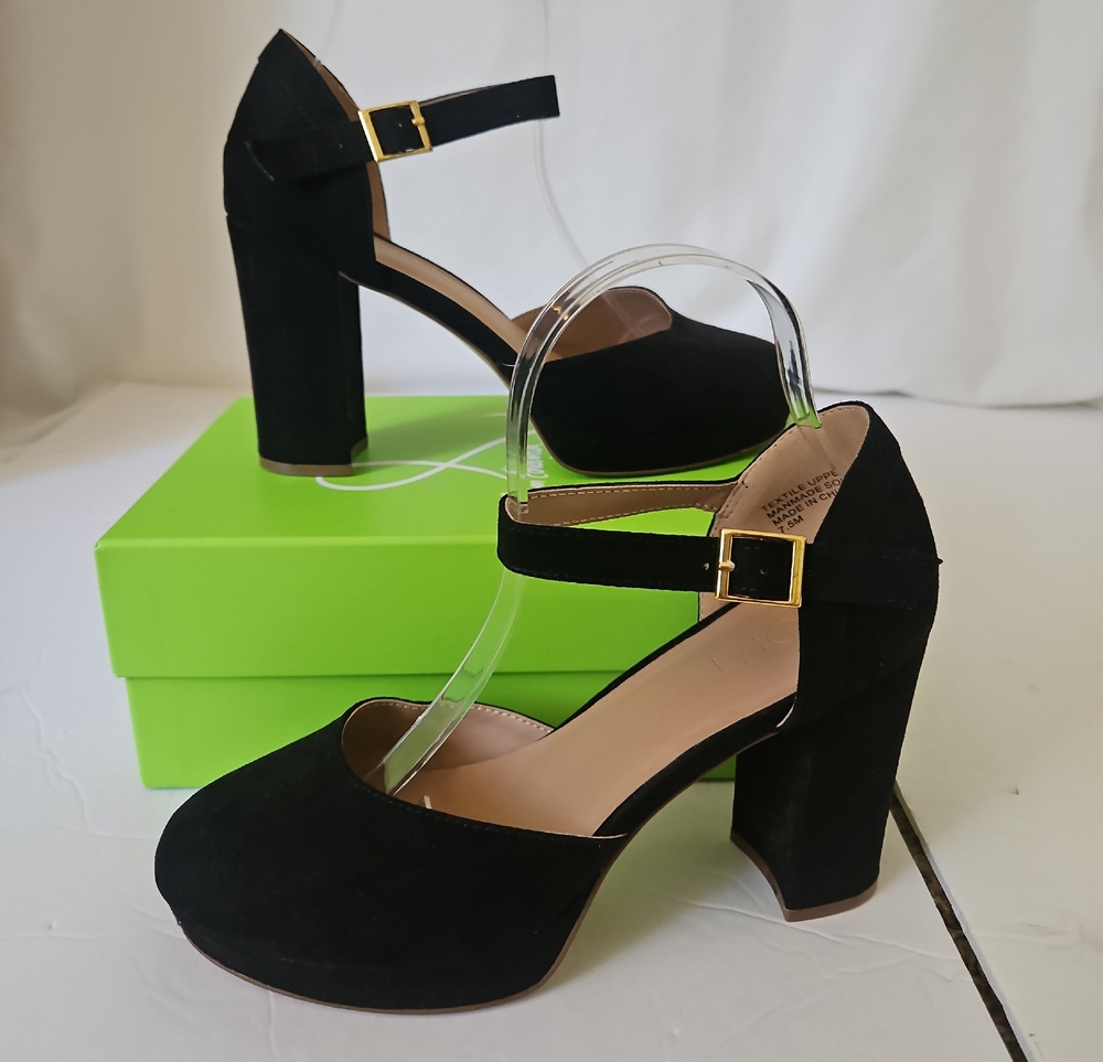 LOFT Black Suede Mary Jane Ankle-Strap Block Heel Sandals, 7.5